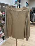 Gold Metallic Round Neck Smocked Long Sleeve Blouse