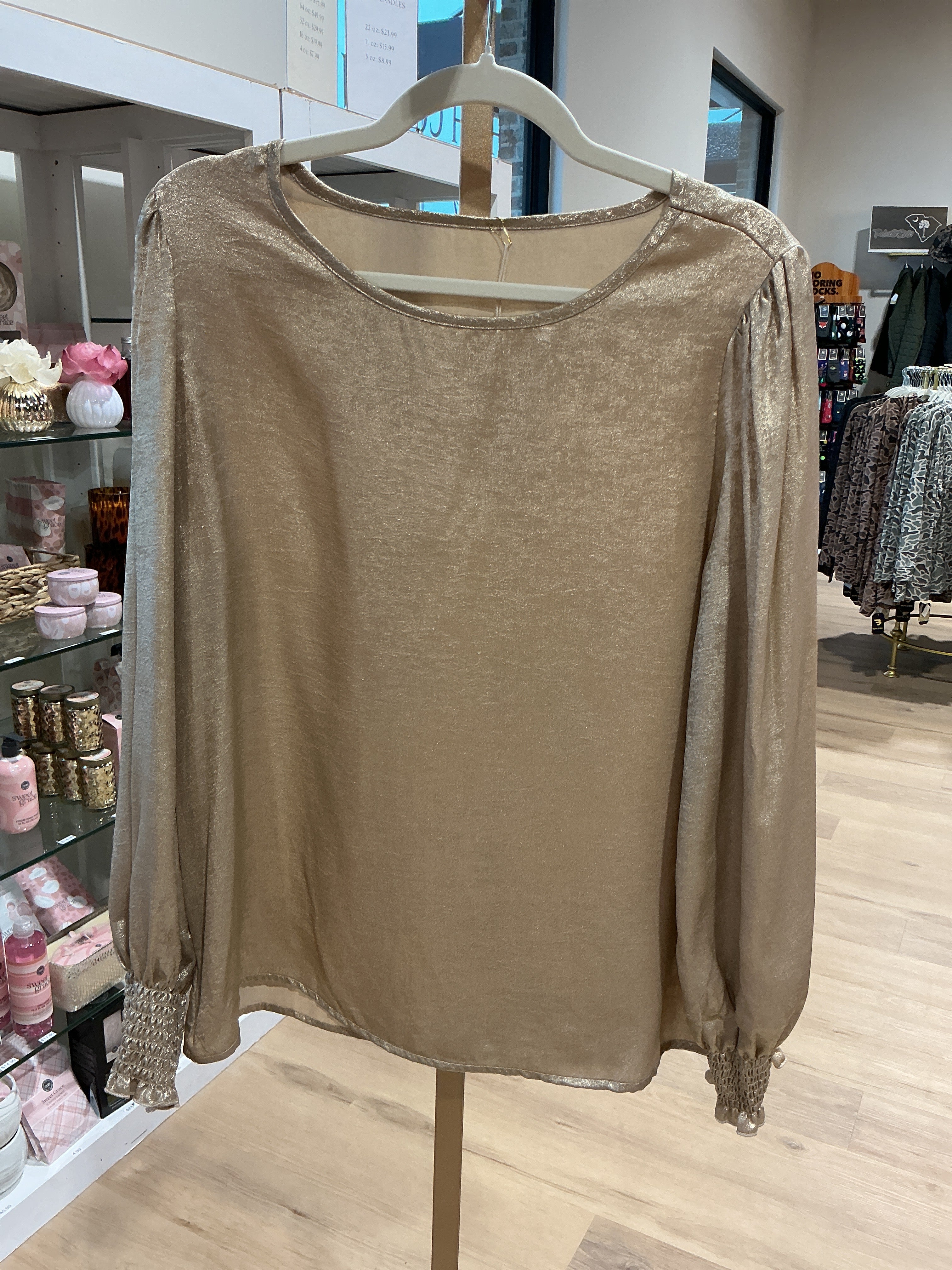 Gold Metallic Round Neck Smocked Long Sleeve Blouse