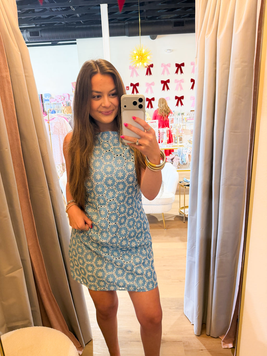 EMBROIDERED EYELET SLEEVELESS DENIM MINI DRESS