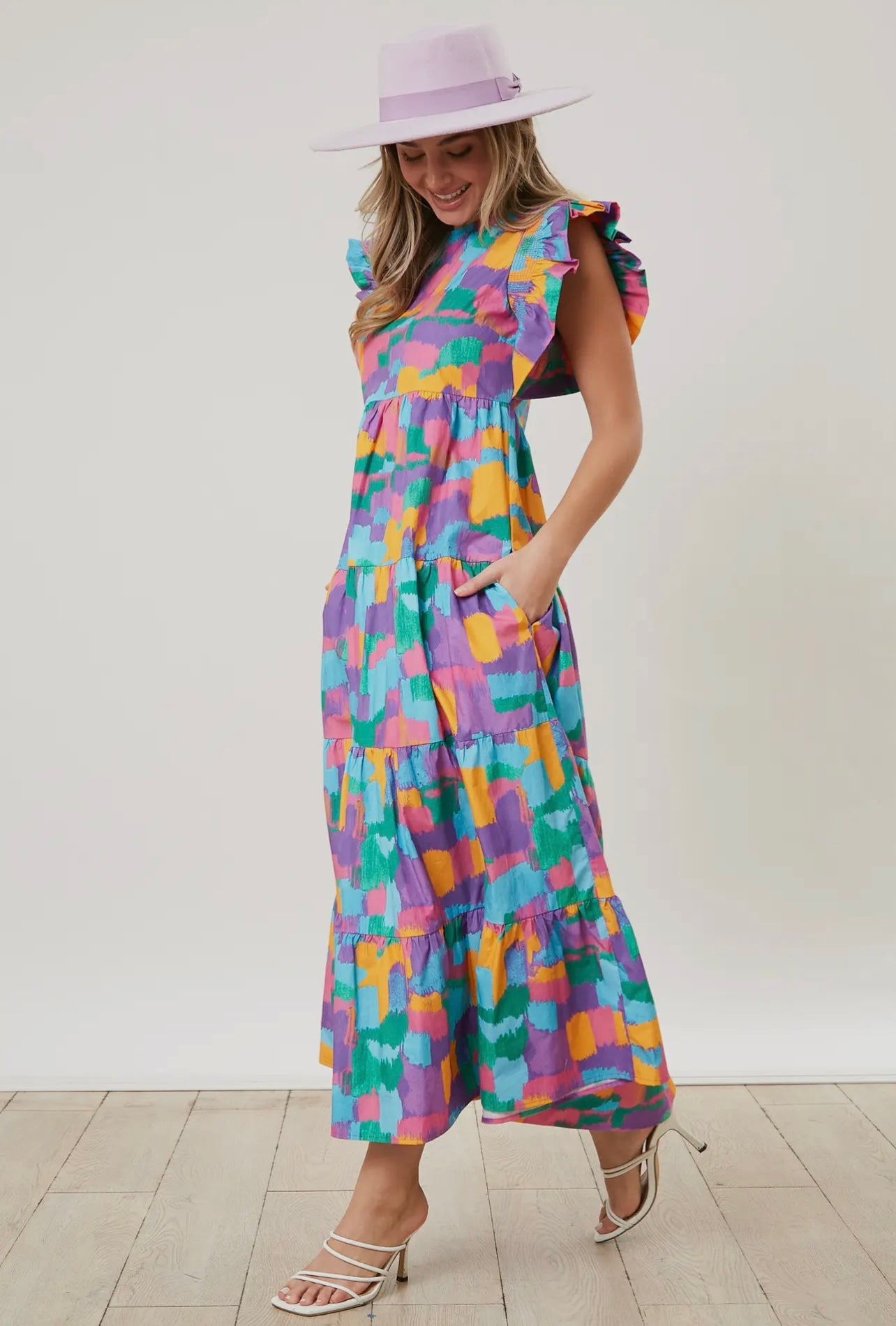 Smocked Ruffle Sleeve Abstract Colors Midi Dress