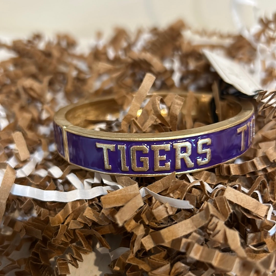 Gold and purple College Enamel Hinge Bangle with "TIGERS".