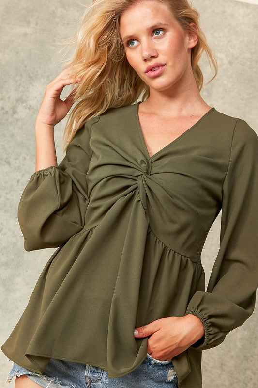 OLIVE CREPE V NECK TWIST DETAIL BABY DOLL TOP