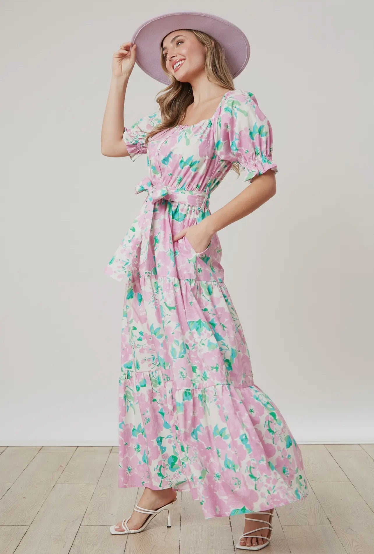 Waist Tie Floral Tiered Maxi Dress