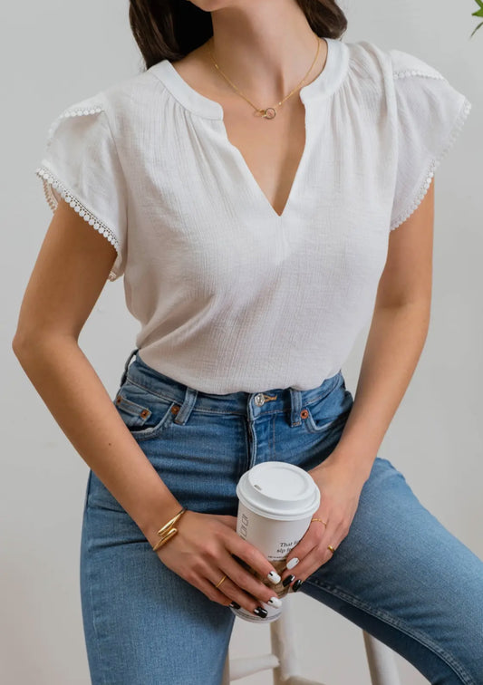 Split Neck Petal Tassel Sleeve Blouse