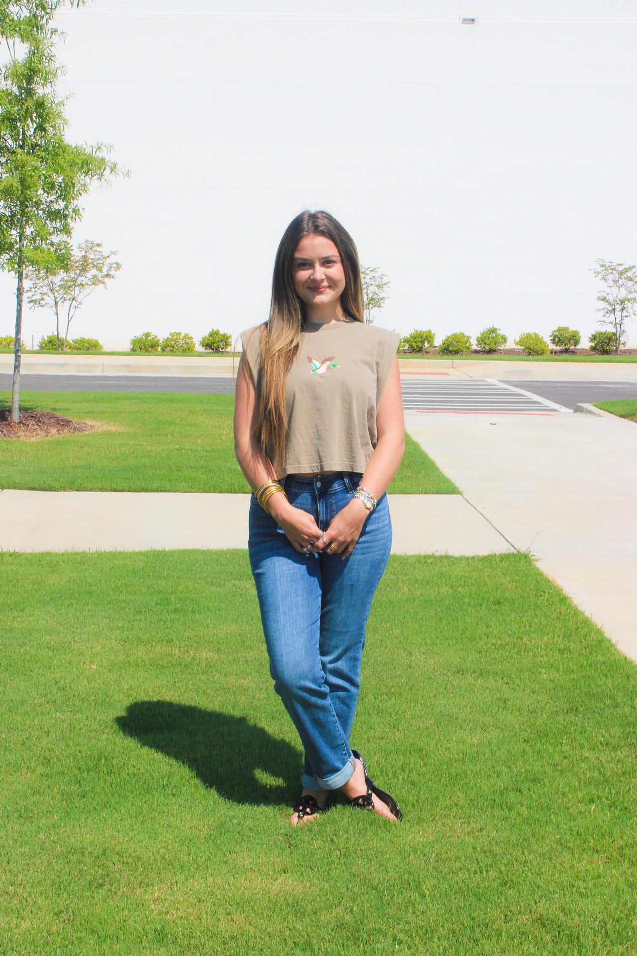 Embroidered Mallard Duck Cropped Muscle Tee