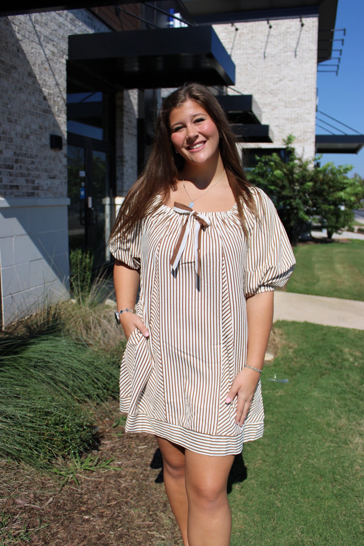 Brown Striped Puff Sleeve Dress