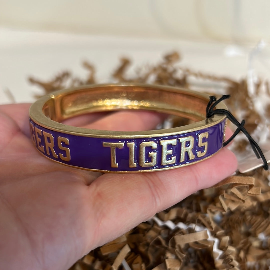 Gold and purple College Enamel Hinge Bangle with "TIGERS".