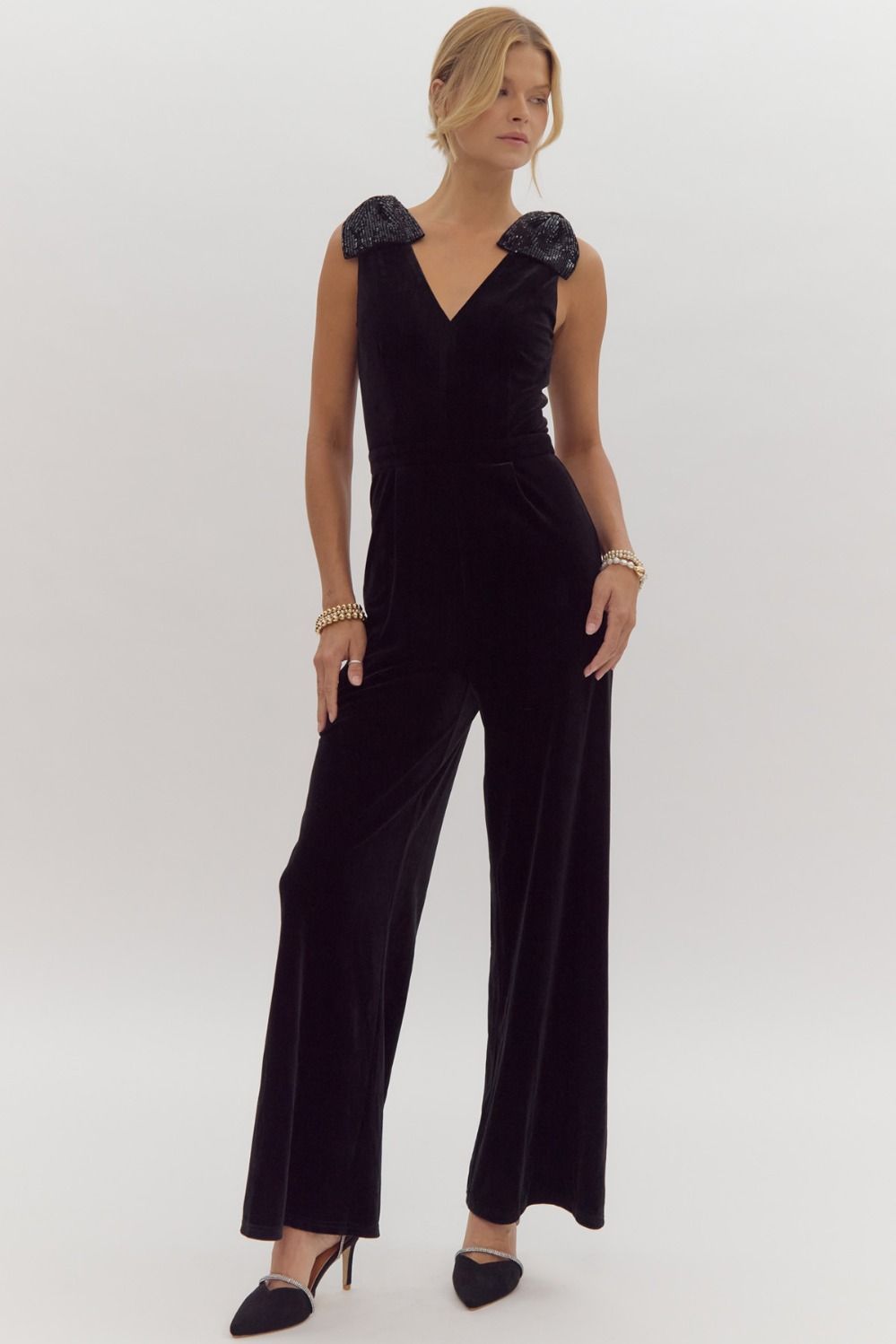 Velvet Wide Leg Jumpsuit W/ Sequin Bow Shoulder