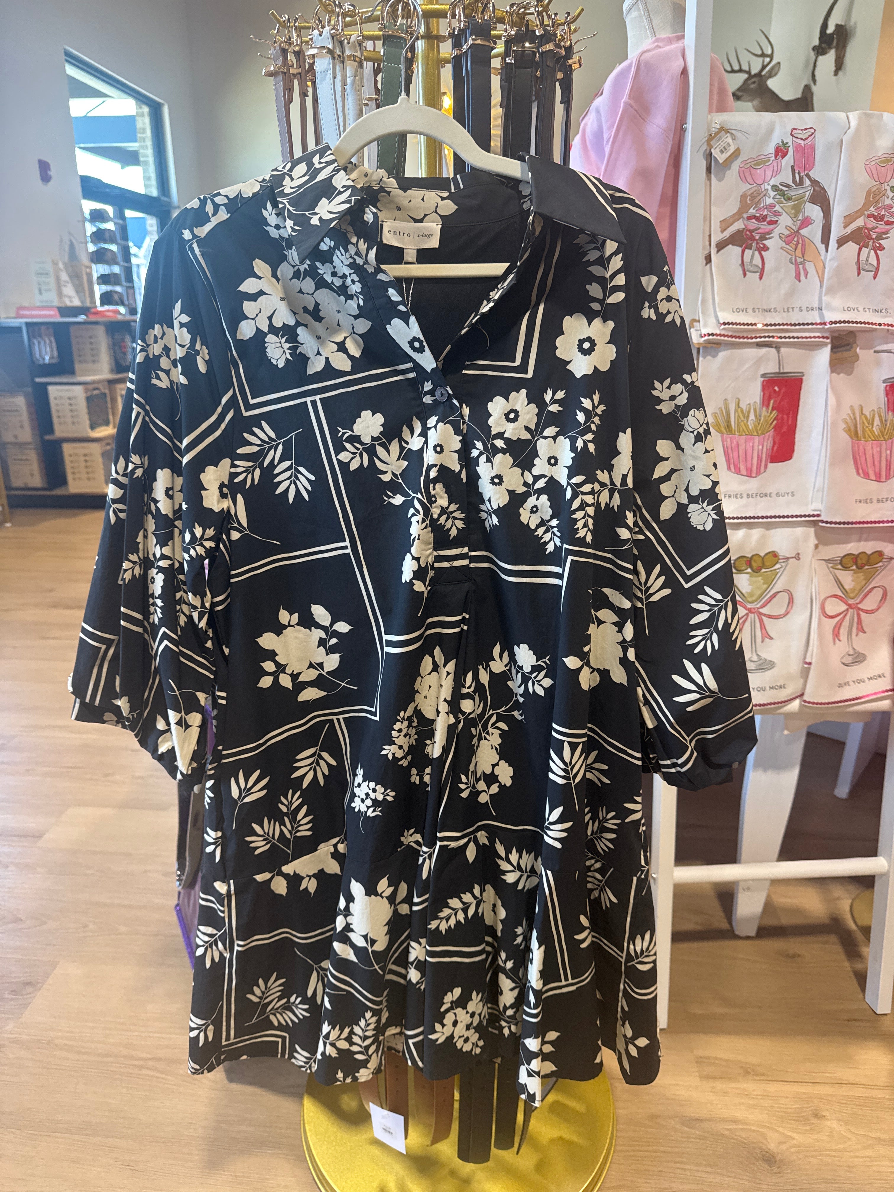 Botanical print ¾ sleeve mini dress