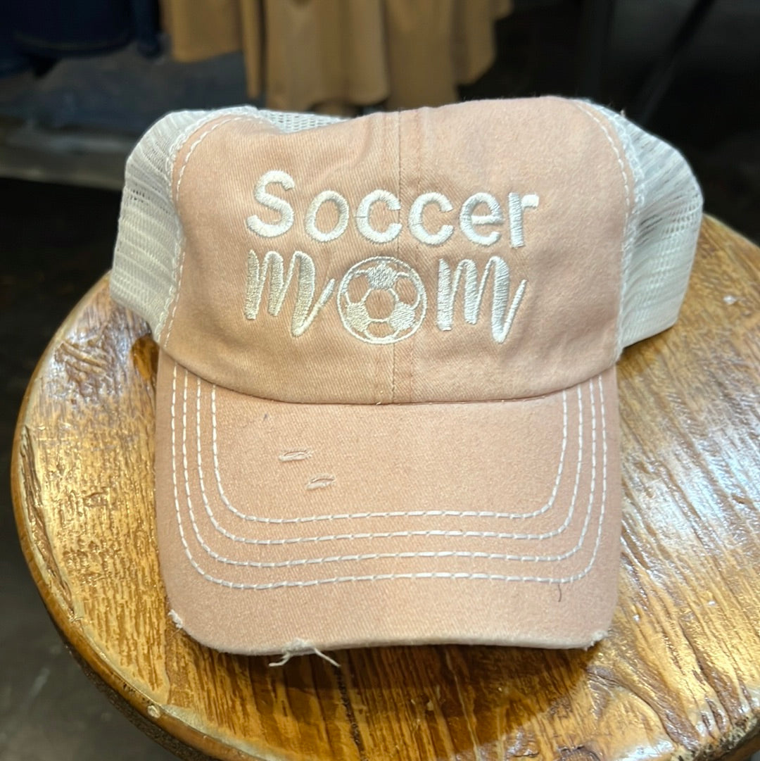 Pink women's hat featuring "Soccer Mom".