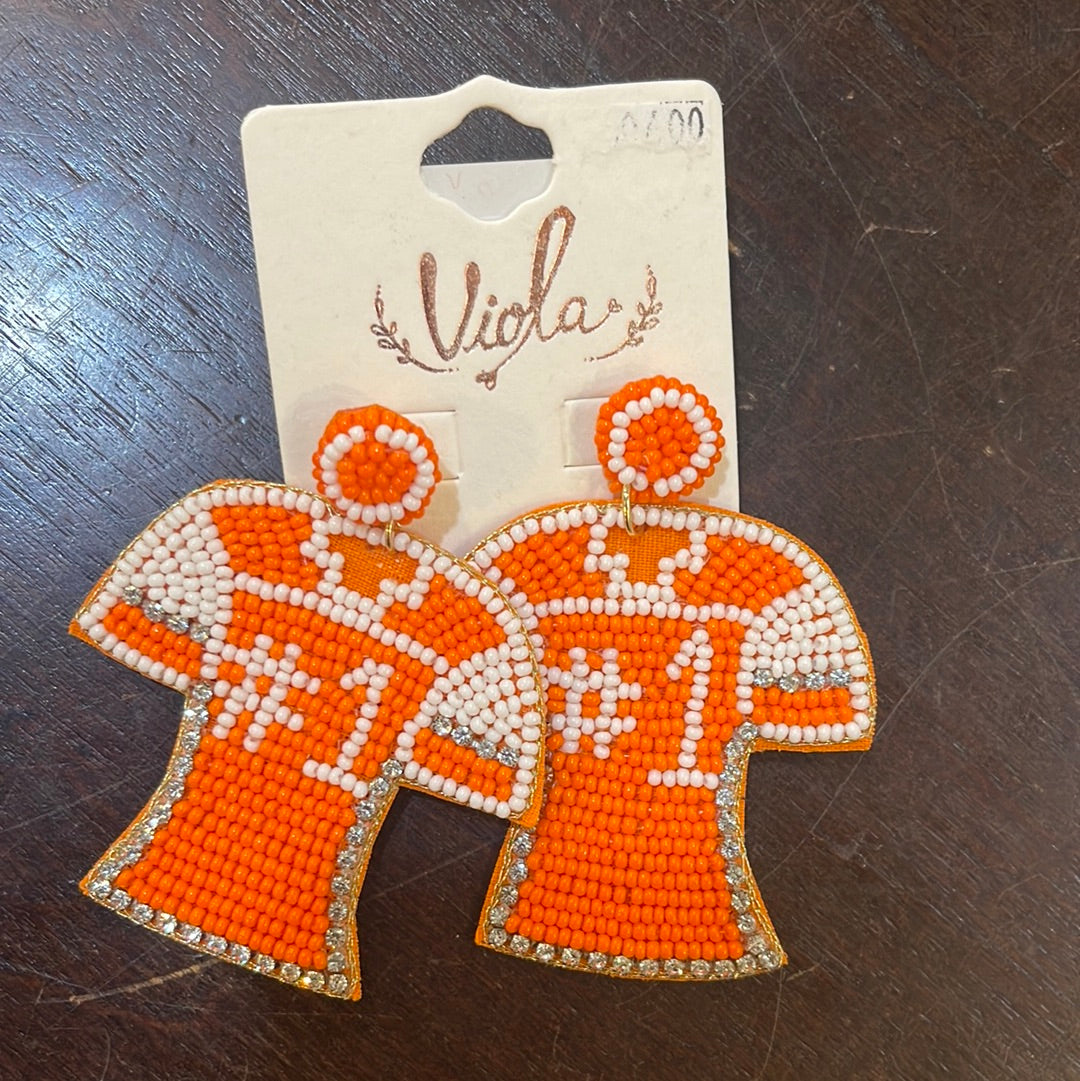 Beaded jersey earrings featuring "#1" in orange and white.