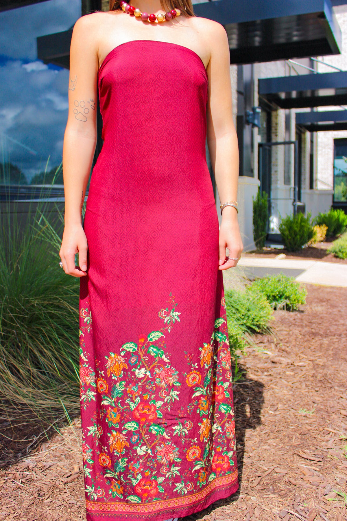 Border Floral Strapless Maxi Dress