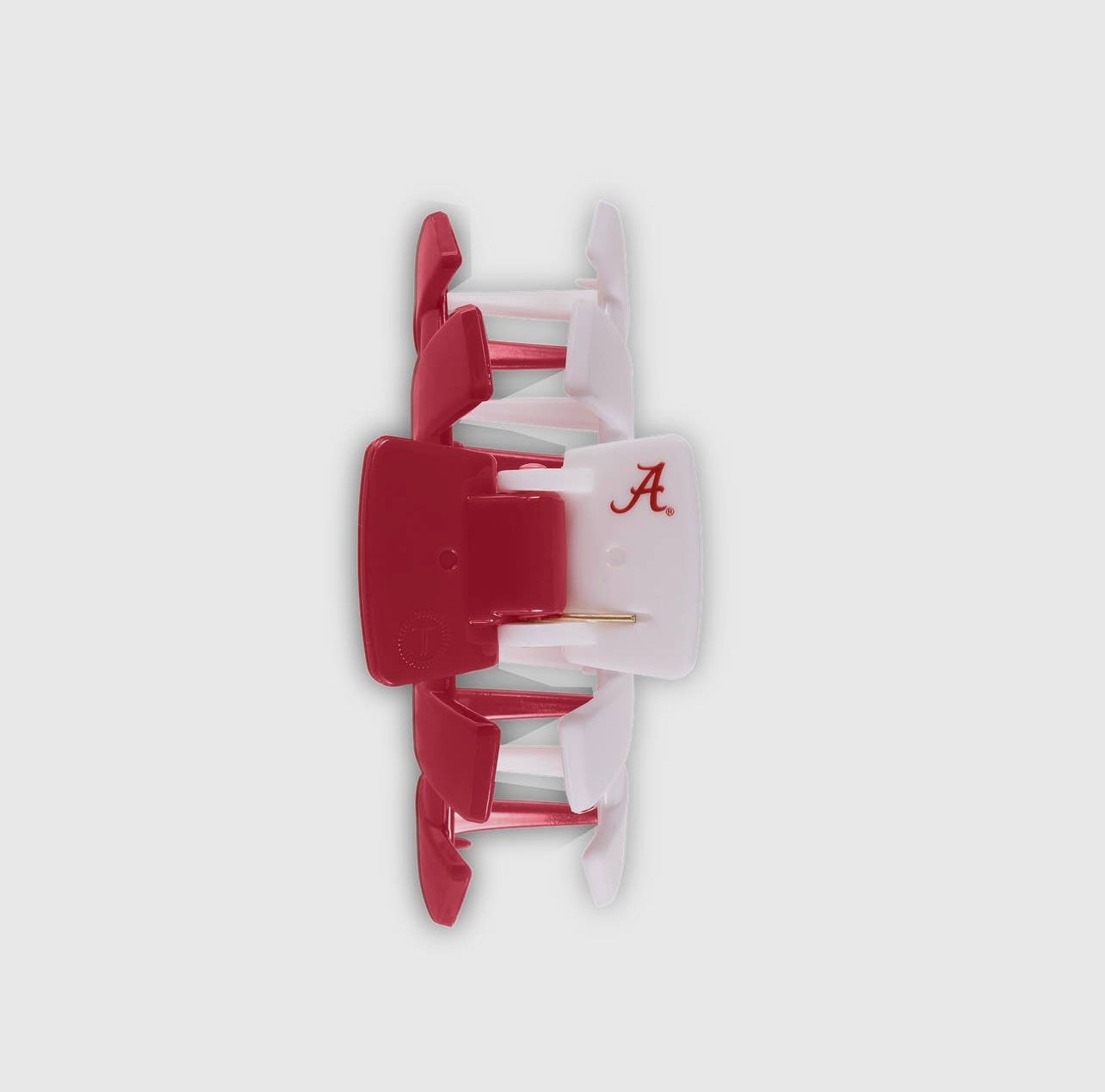 University of Alabama Collegiate Teletie Claw Clip in crimson and white. Top view.