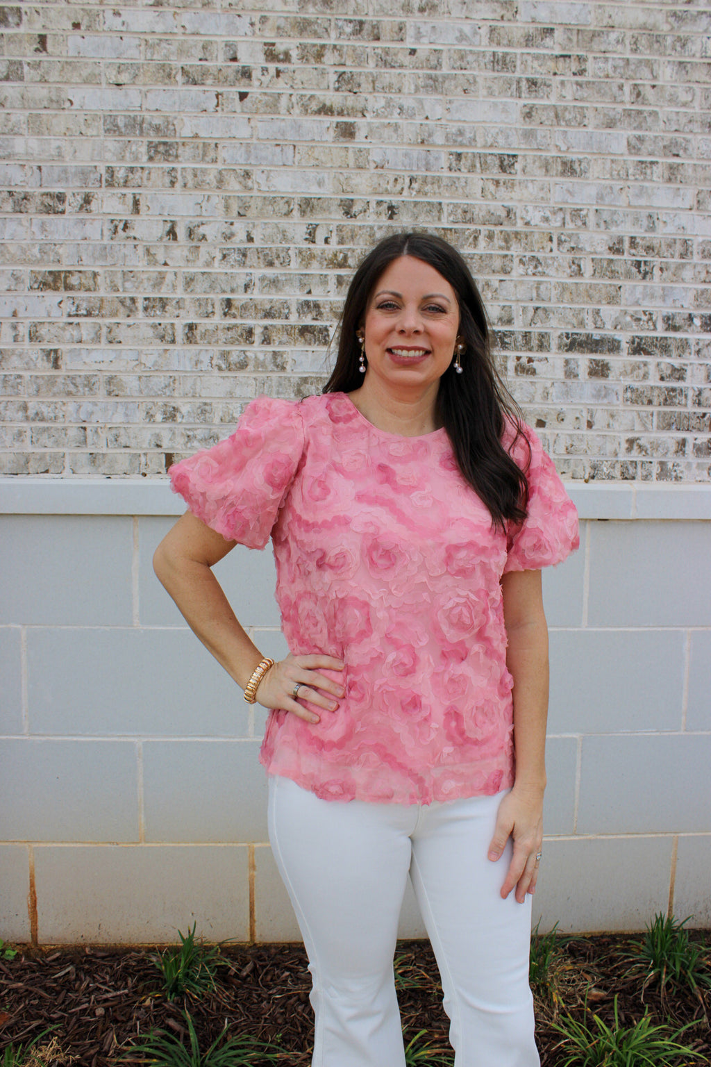 Womens Floral Textured Puff Sleeve Organza Top