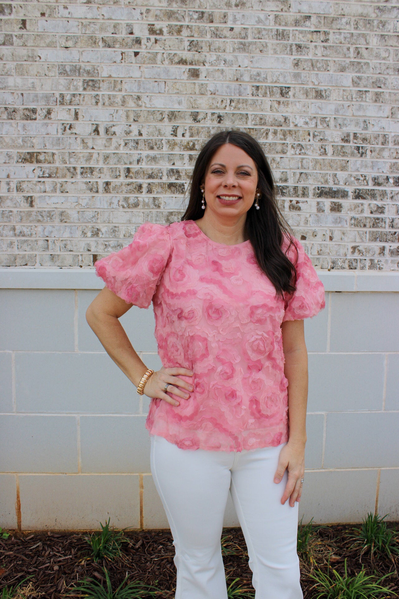 Womens Floral Textured Puff Sleeve Organza Top