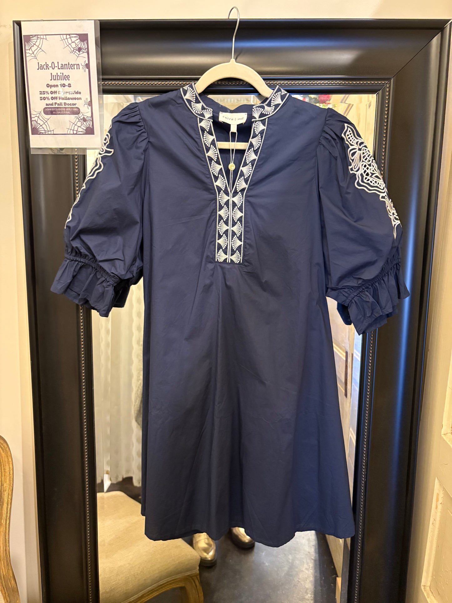 Navy Accented Neck Band and Sleeve Mini Dress