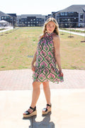Botanical print high neck sleeveless mini dress