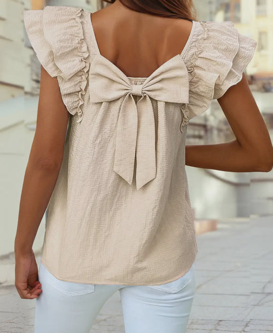 Textured Bow Knot Frilled Butterfly Sleeve Blouse