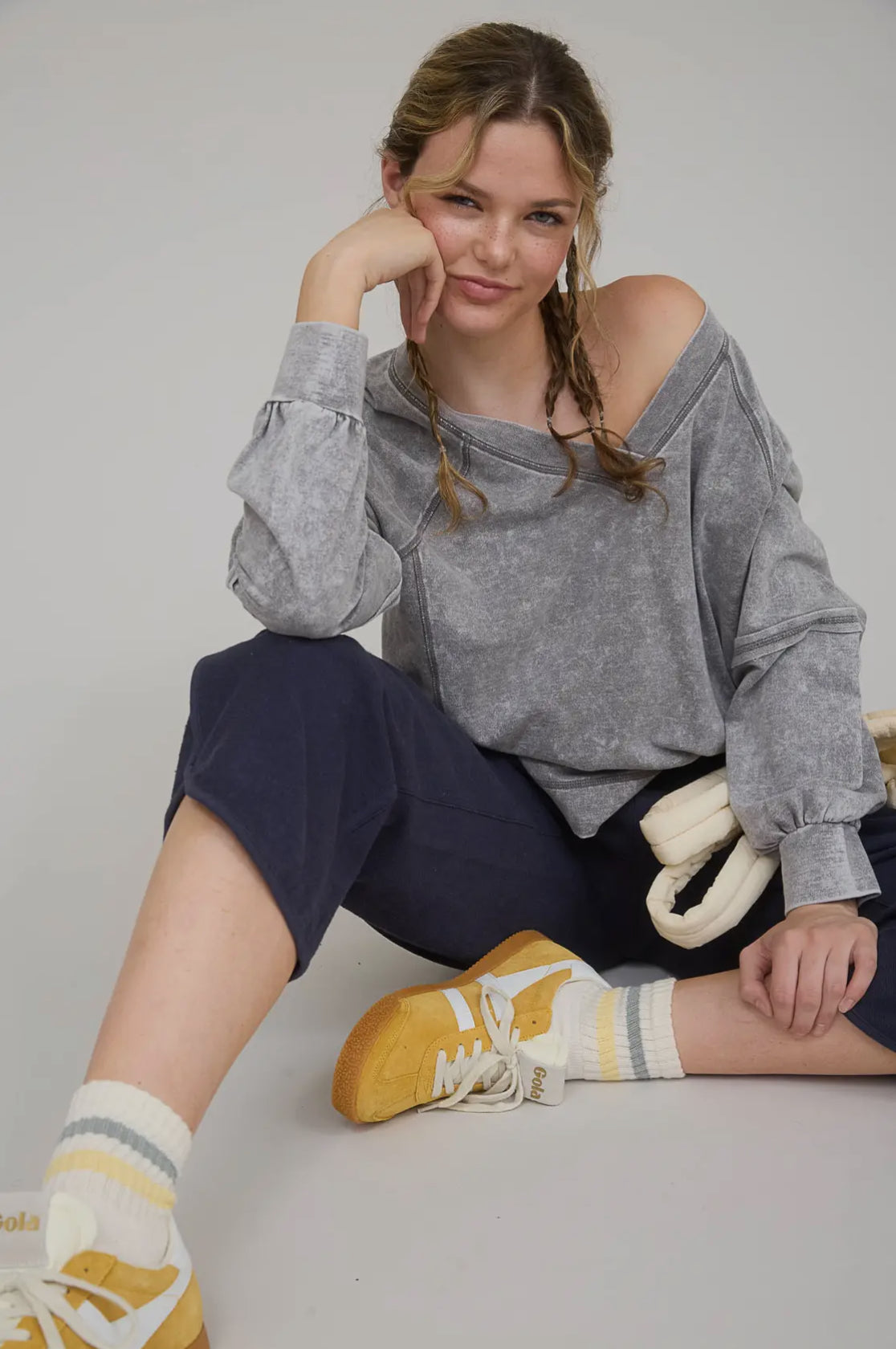 Washed V Neck Exposed Seam Long Sleeve Knit Top