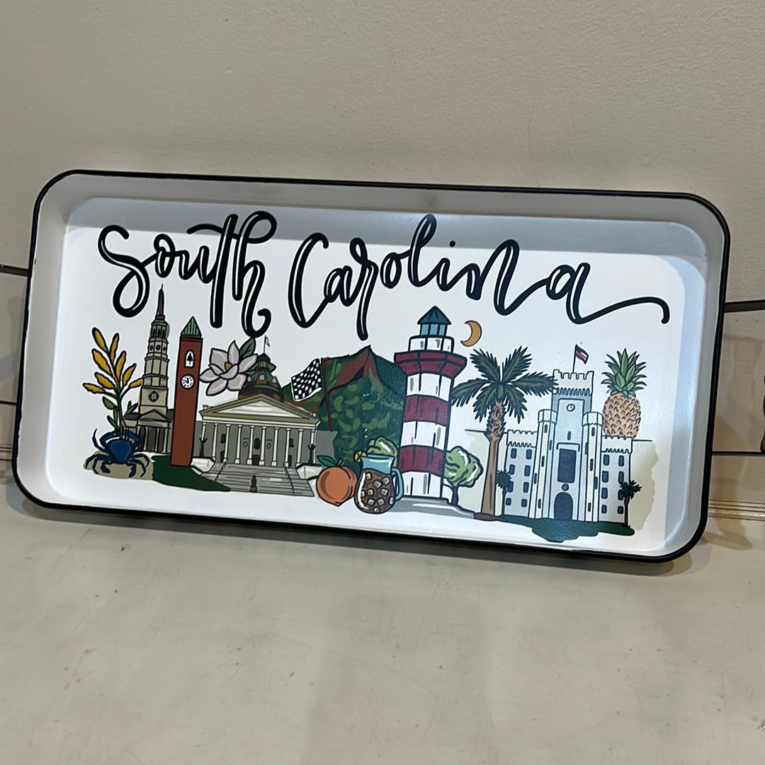White, rectangular tray with depictions of South Carolina featuring the state name.
