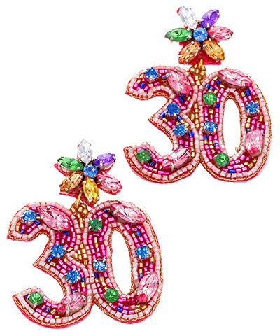 Pink beaded and jeweled "30" birthday earrings.
