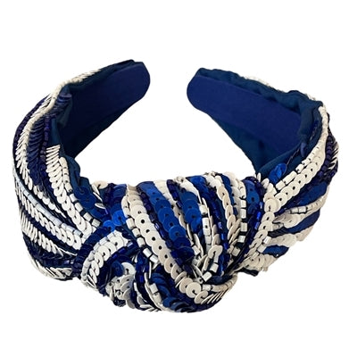 Blue and white sequin striped top knot headband.