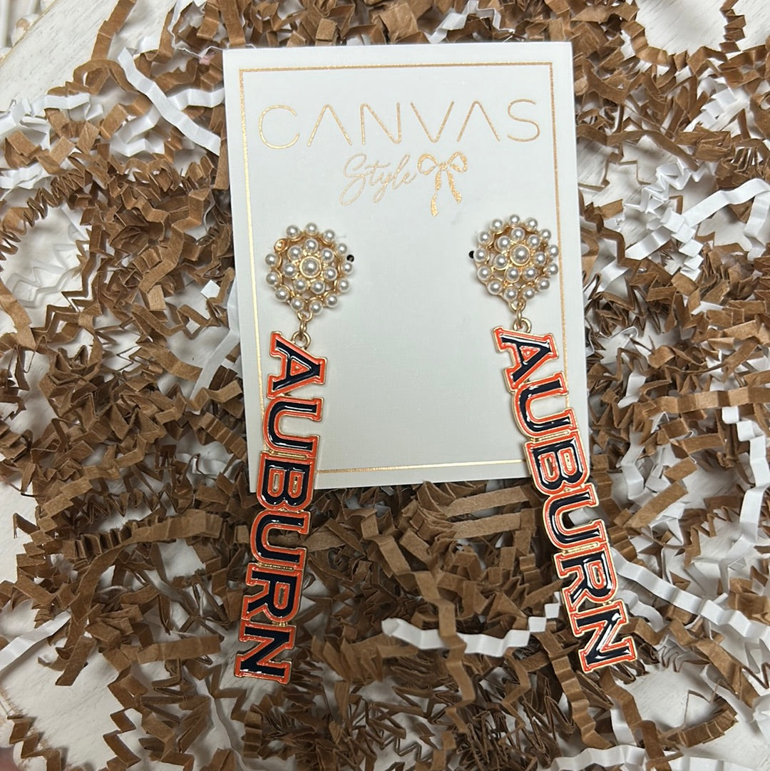 University of Auburn college drop earrings with pearl cluster studs featuring "AUBURN" in orange and blue.