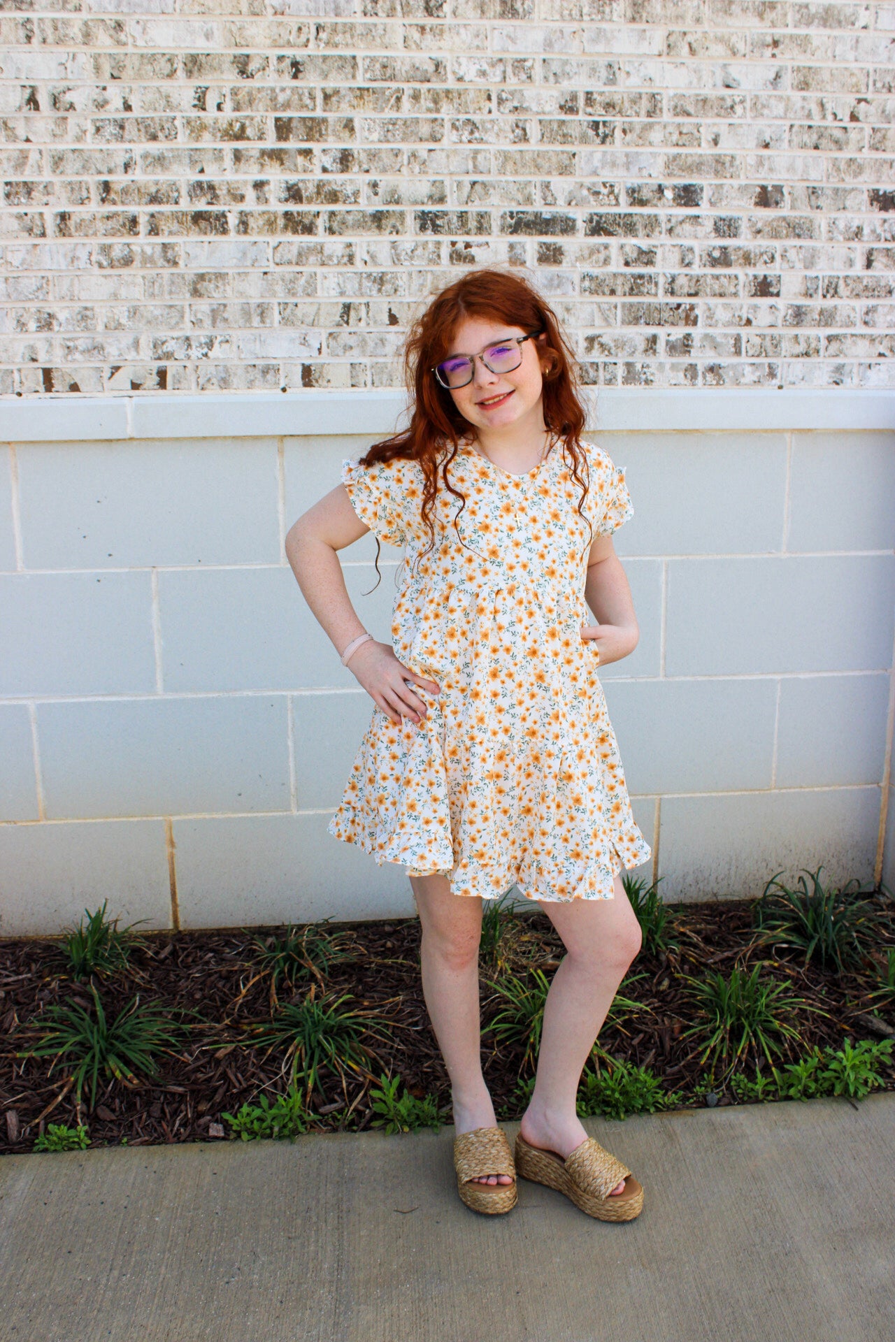 Girls V-Neck Ruffle Short Sleeve Tiered Floral Dress