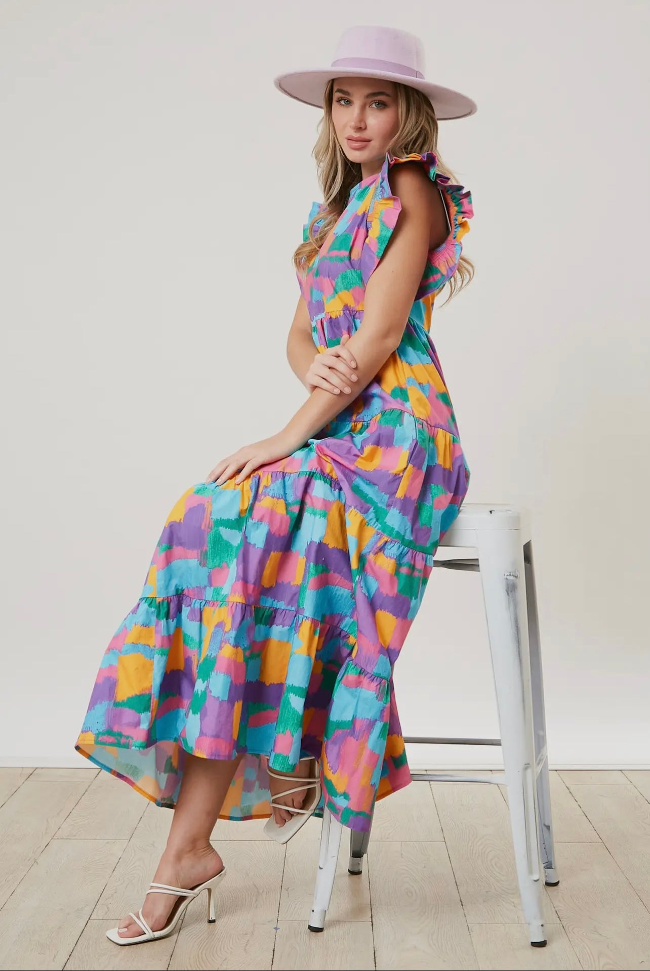 Smocked Ruffle Sleeve Abstract Colors Midi Dress