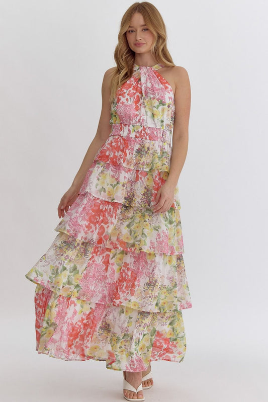 Floral Twisted Halter Tiered Maxi