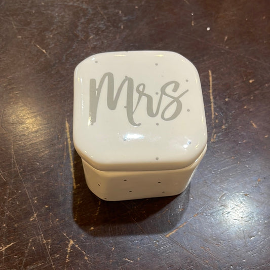 White ceramic square dish with lid featuring "Mrs".