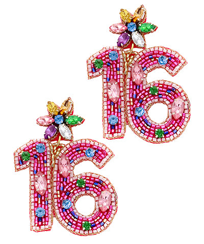 Pink beaded and jeweled "16" birthday earrings.