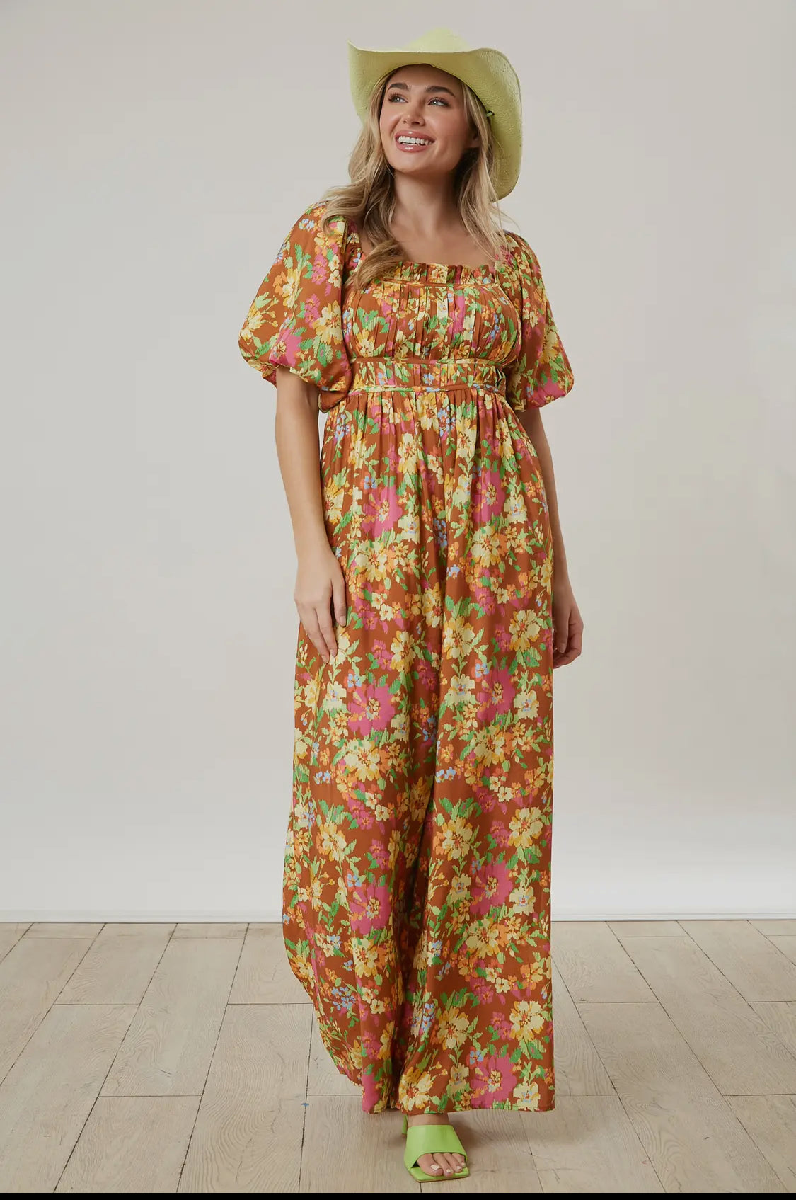 Pleated Fall Floral Print Jumpsuit