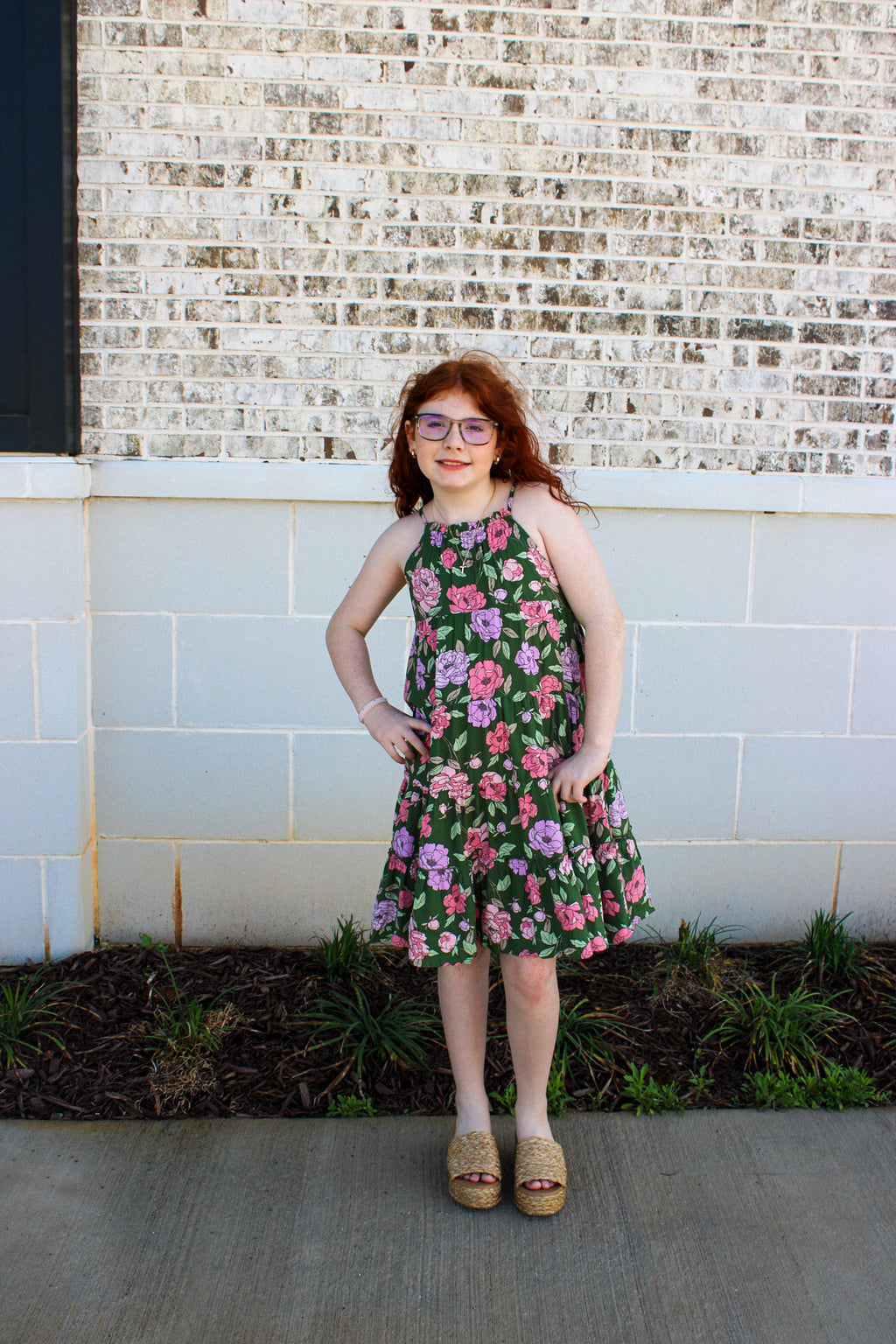 Girls Romantic Floral Halter Neck Tiered Midi Dress