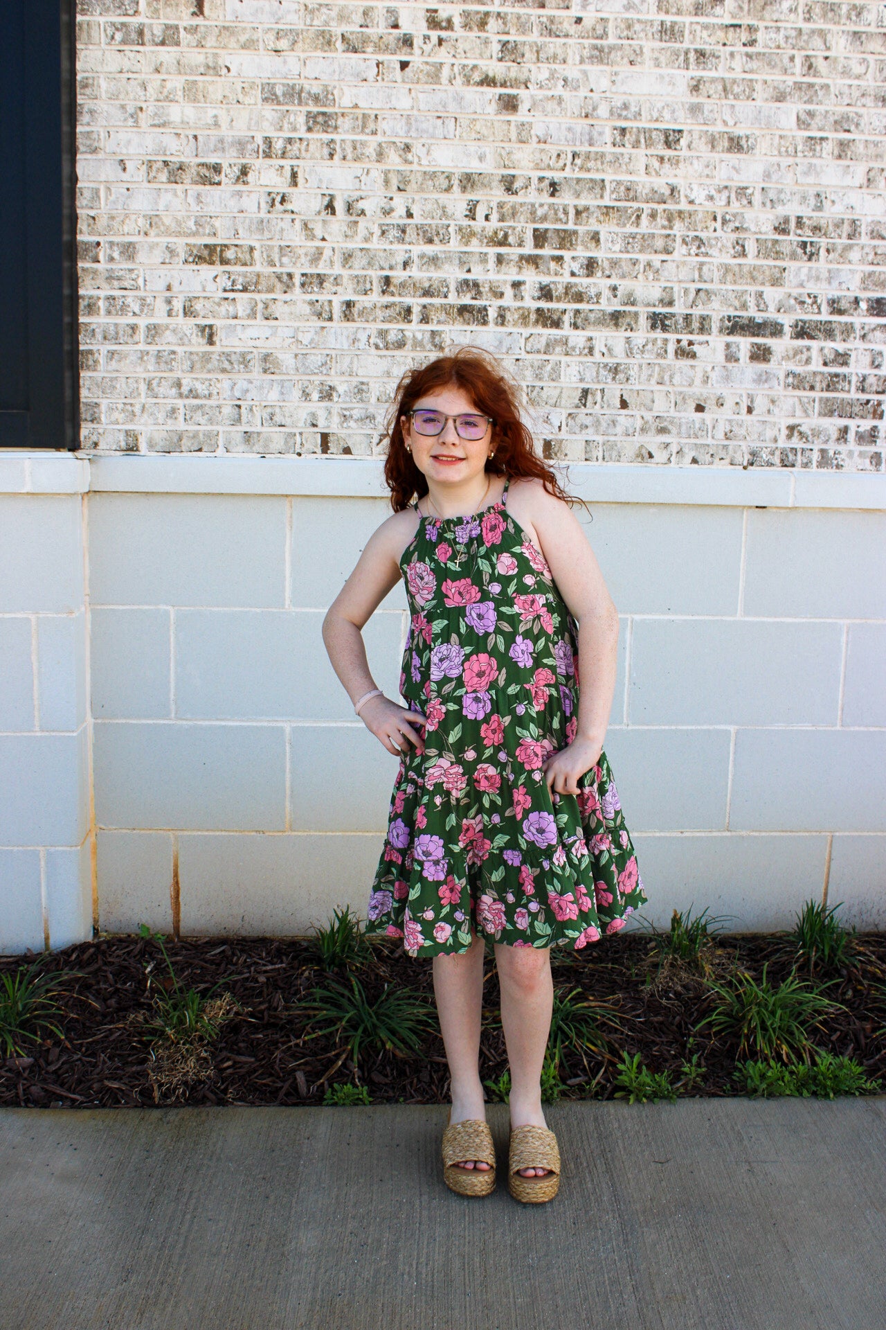 Girls Romantic Floral Halter Neck Tiered Midi Dress