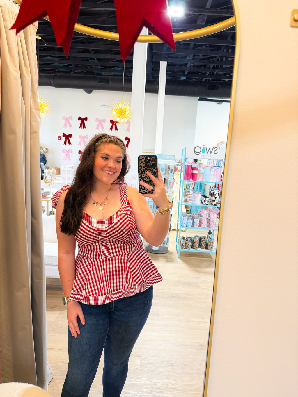 Gingham Bow Strap Peplum Top
