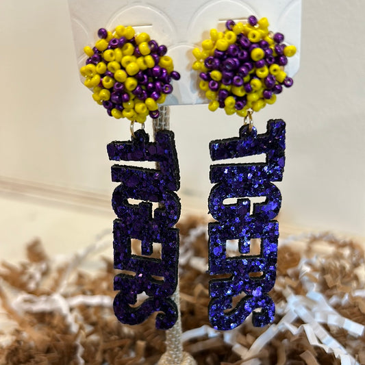 Yellow and purple beaded studs with purple acrylic glittered dangles featuring "TIGERS".