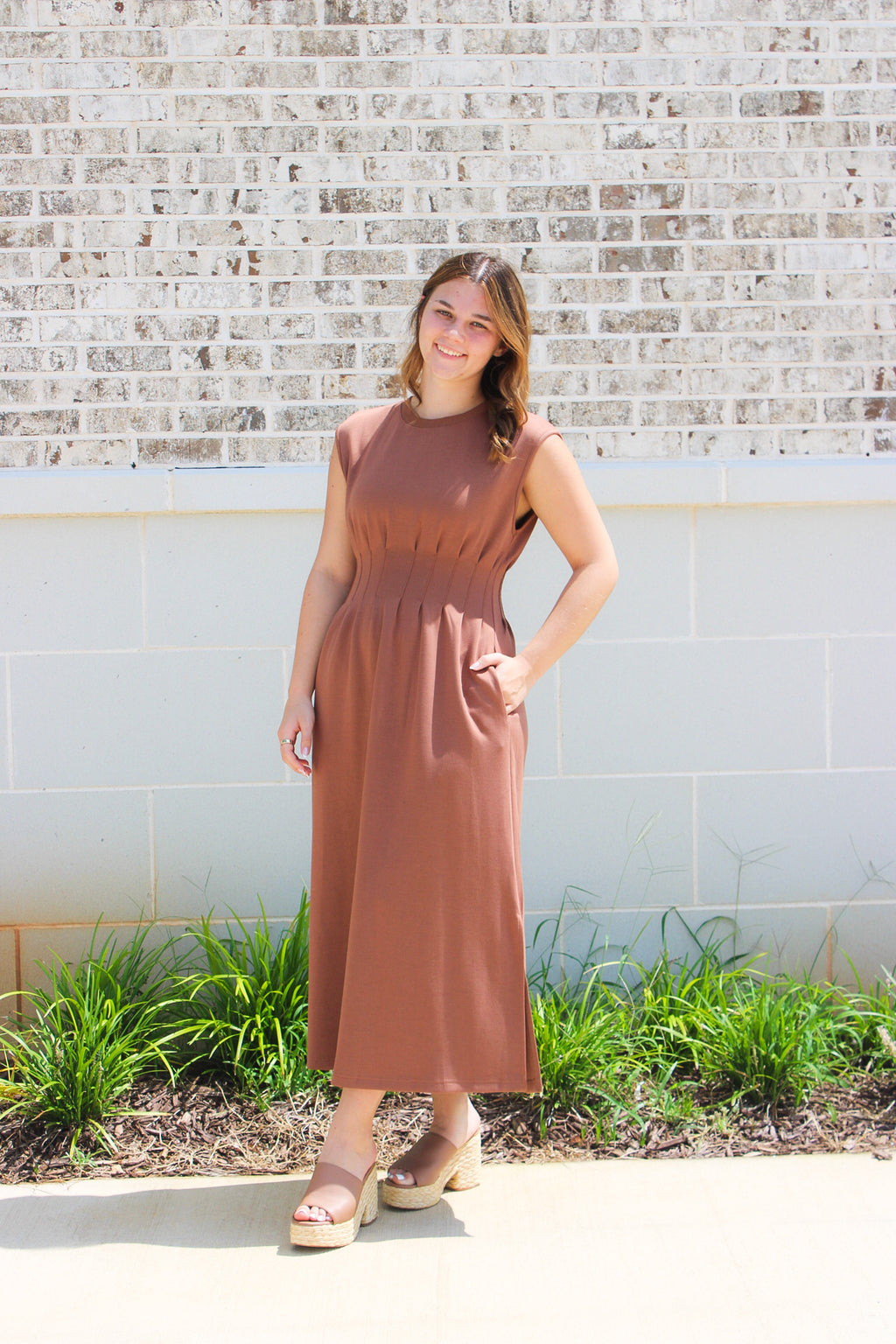 Pintuck Waist Midi Dress