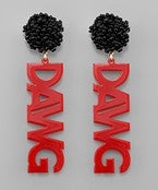Black, beaded stud with red "DAWG" dangles.