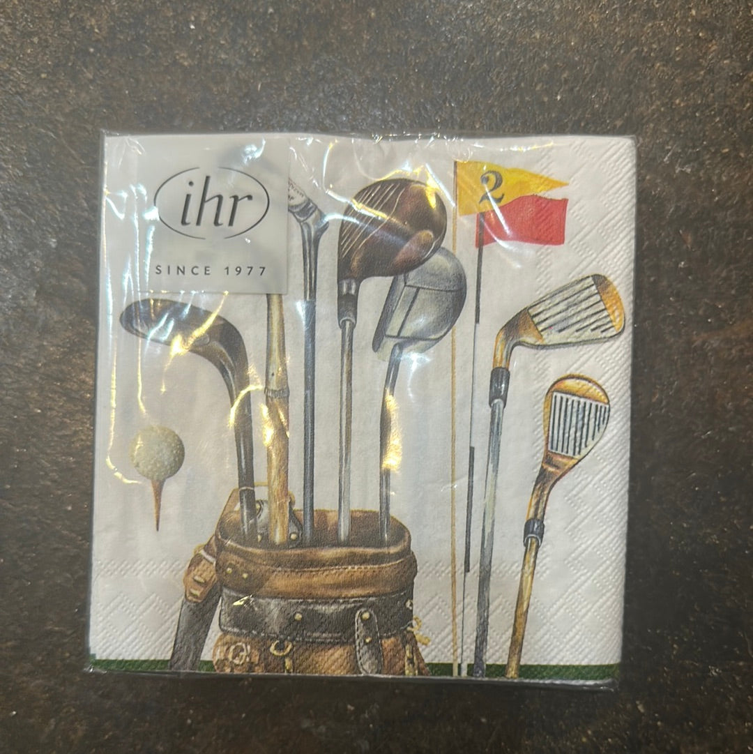 Golf napkins featuring a depiction of a golf bag with clubs.