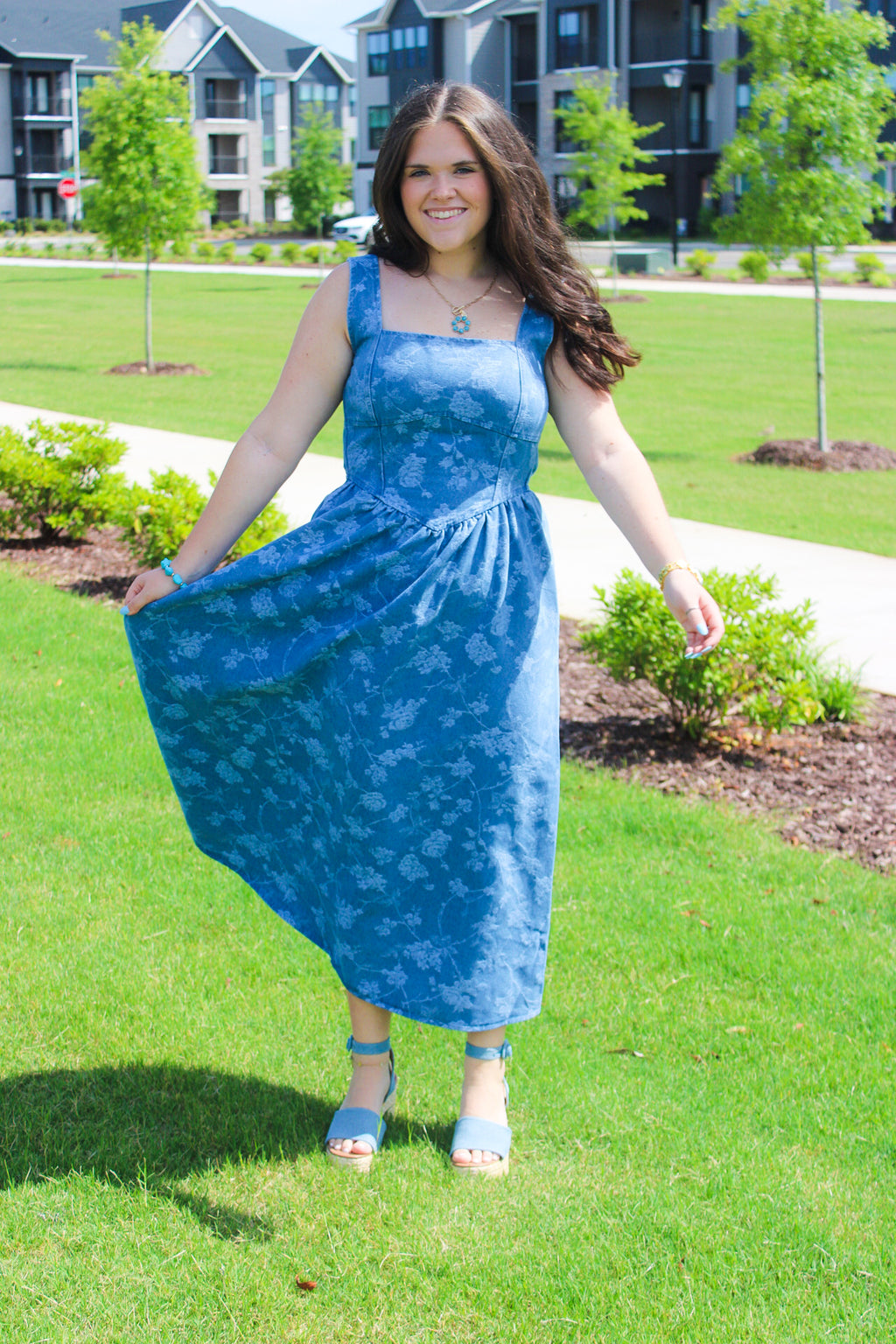 FLORAL JACQUARD CORSET DETAIL MIDI DRESS