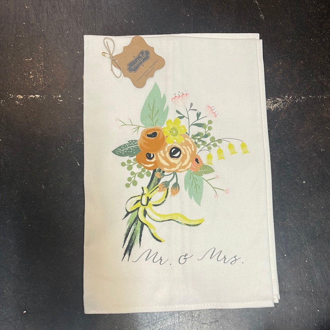"Mr. & Mrs." newlywed decorative dish towel featuring a bouquet of yellow and orange flowers.