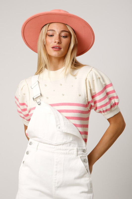 Striped Pearl Puff Sleeve Sweater