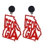 Metal state of Georgia earrings featuring "GEORGIA" with a black stud.