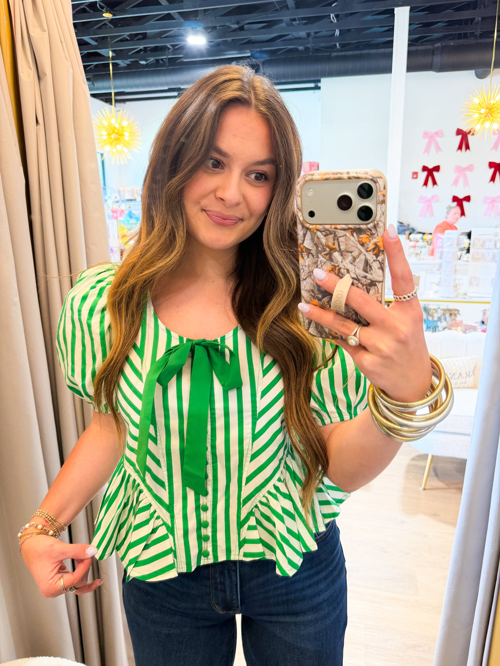 Stripe print short puff sleeve peplum top