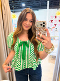 Stripe print short puff sleeve peplum top