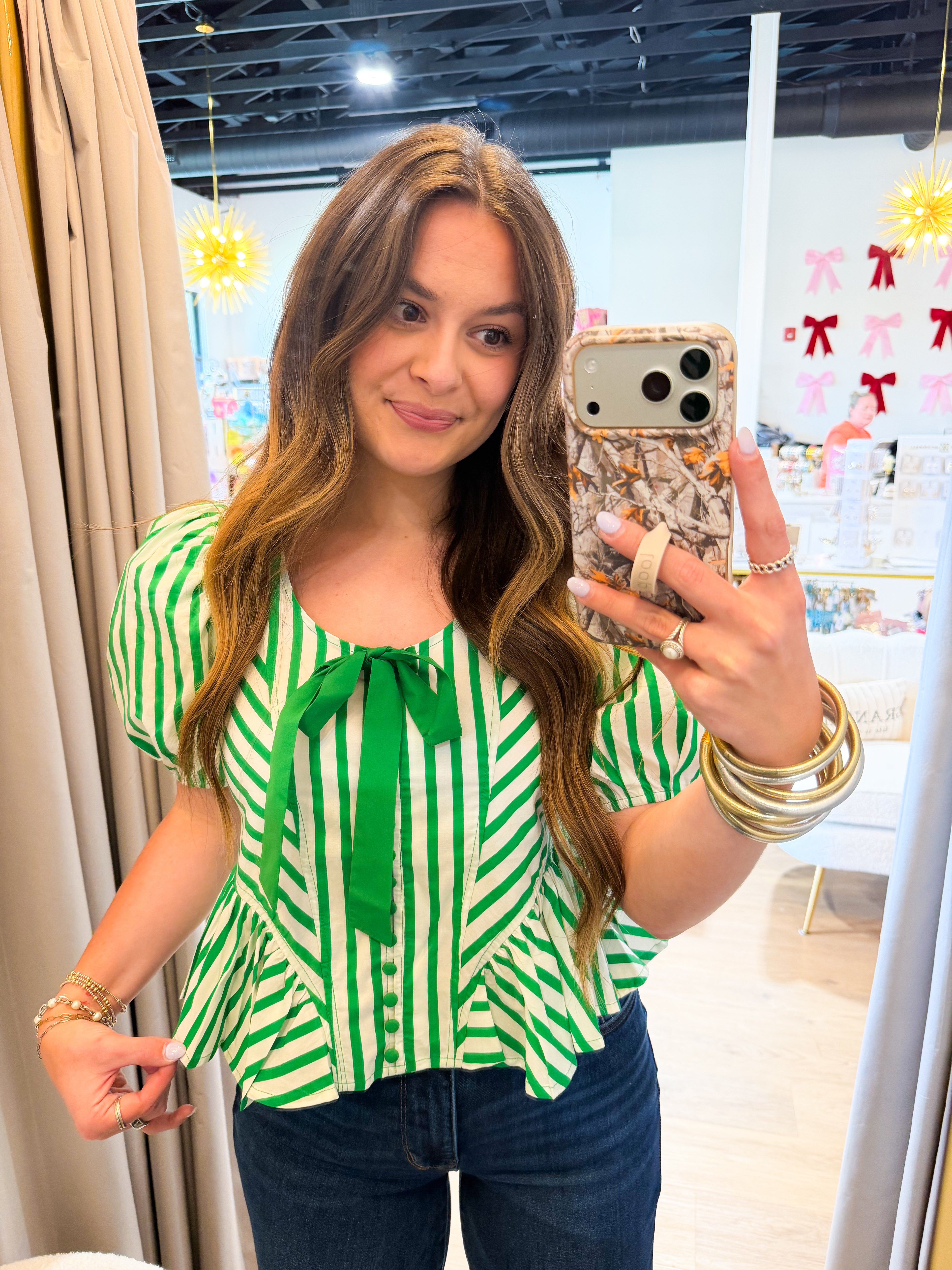 Stripe print short puff sleeve peplum top