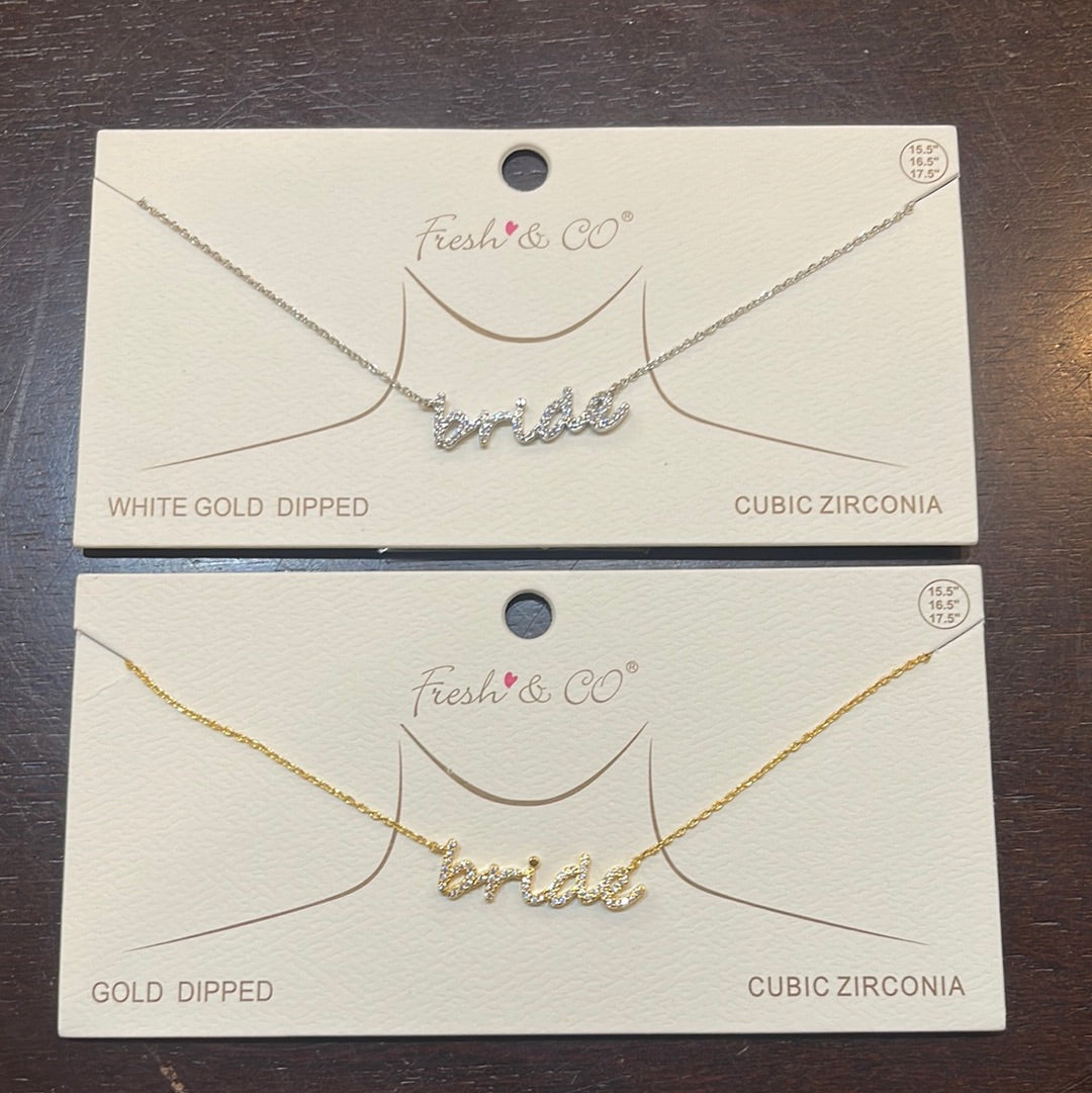 Gold and white gold dipped "bride" necklaces with cubic zirconia.