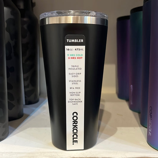 Black Corkcicle Tumbler with clear lid.