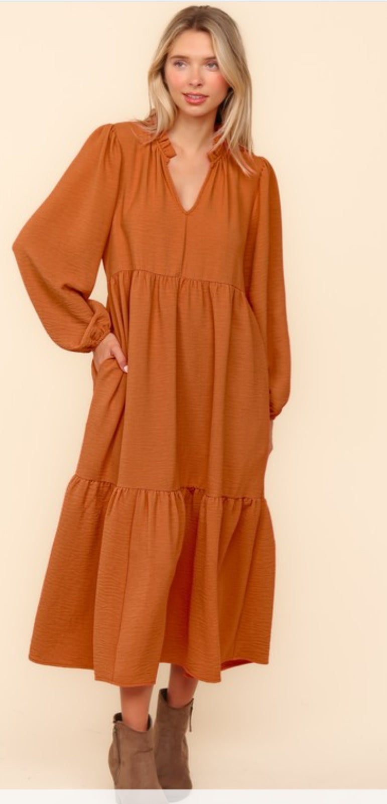 BABYDOLL WOVEN MAXI DRESS WITH SIDE POCKETS